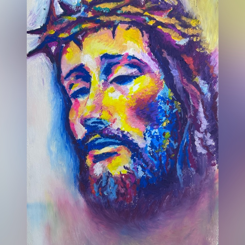 Handmade Oil Pastel Art – Abstract Jesus with‎ Crown of Thorn 9 in x 12 in